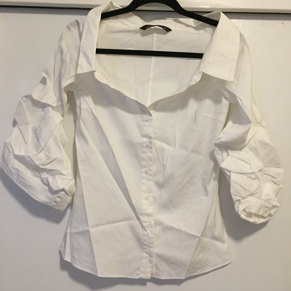 Zara open-neck button down blouse w/ puff sleeve